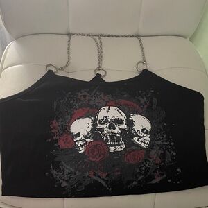 ROMWE Black Skull Print Chain Strap Top